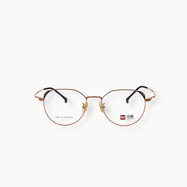 نظارة EYEWEAR موديل 9381، بتصميم نصف دائري عصري وإطار معدني بلونين.